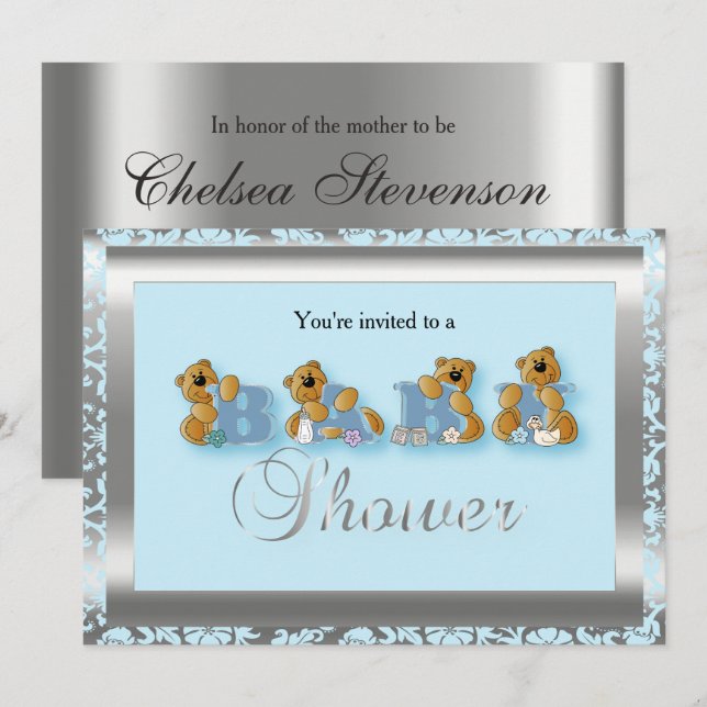 Invitation Damas bleu et argent avec ours en peluche | BABY S (Devant / Derrière)