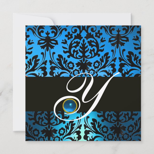 Invitation DAMAS BLEU NOIR MONOGRAMME Saphir (Devant)