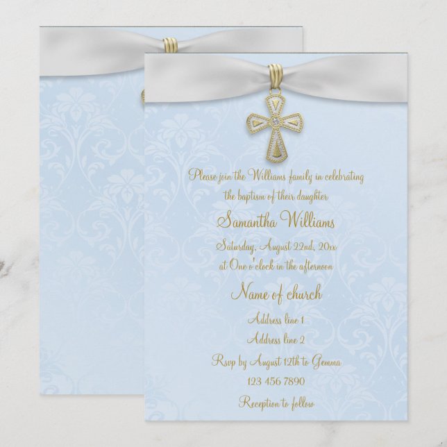 Invitation Damas bleues, ruban blanc et croix d'or Baptême (Devant / Derrière)