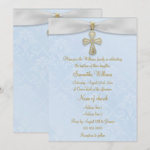 Invitation Damas bleues, ruban blanc et croix d'or Baptême