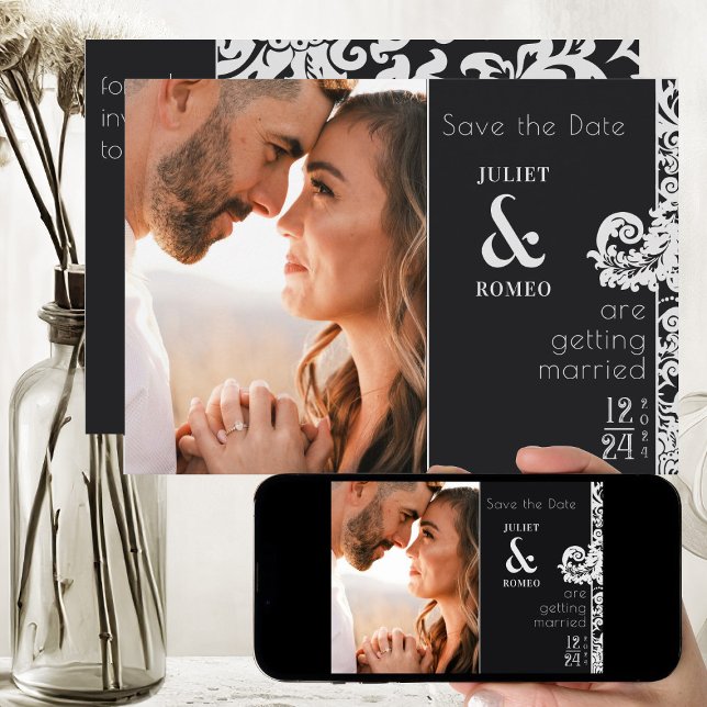 Invitation Damas Floral Noir et Blanc Moderne Enregistrer la  (elegant black and white floral damask save the date wedding invitation)