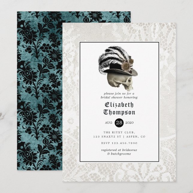 Invitation Damas florales et dentelle Fête des mariées gothiq (Devant / Derrière)