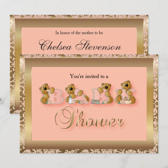 Invitation Damas Gold & Peach avec Nounours | Baby shower (Devant / Derrière)