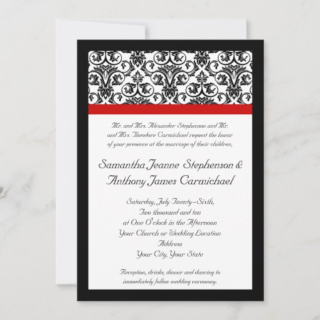 Invitation Damas noir/blanc avec accentuation rouge (Devant)