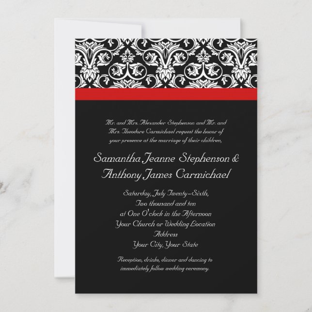 Invitation Damas noir/blanc avec accentuation rouge (Devant)