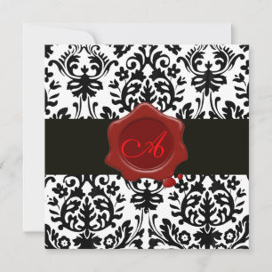 INVITATION DAMAS NOIR & BLANC, MONOGRAMME SCELLÉ À LA CIRE RO