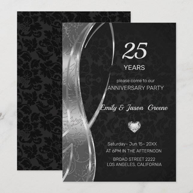Invitation Damas Noir Et Argent (Devant / Derrière)