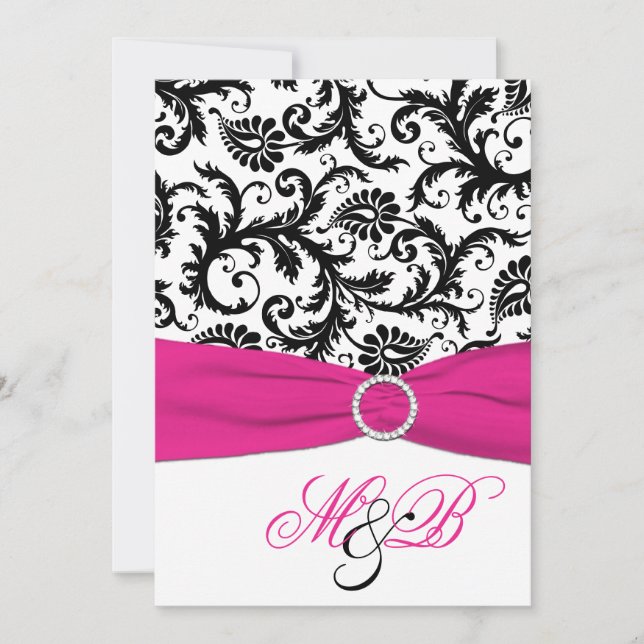 Invitation Damas noir et blanc avec le ruban Fuchsia Faux (Devant)