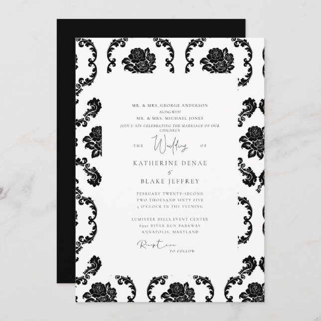 Invitation Damas noir et blanc Mariage des deux parents (Devant / Derrière)