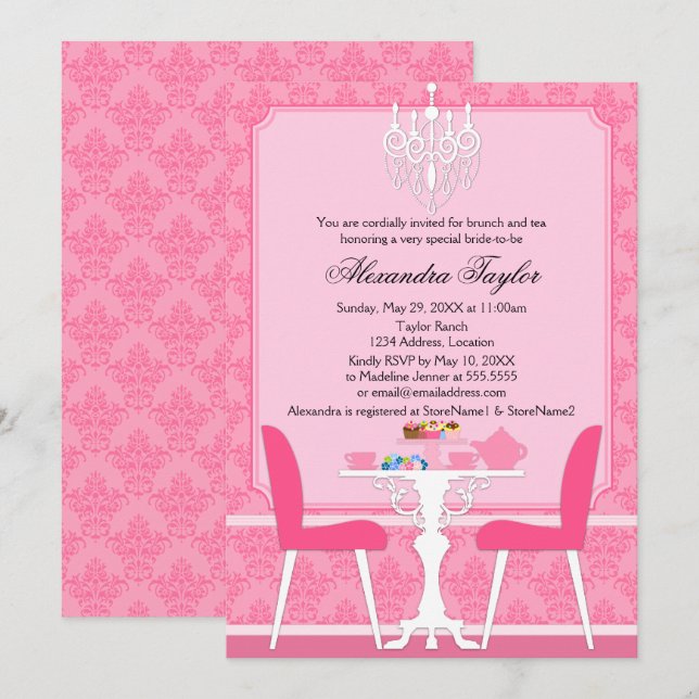 Invitation Damas roses et chandelier fête du thé de la nuptia (Devant / Derrière)