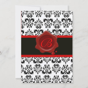 INVITATION DAMAS ROUGE, NOIR ET BLANC, MONOGRAMME À SCEAU DE