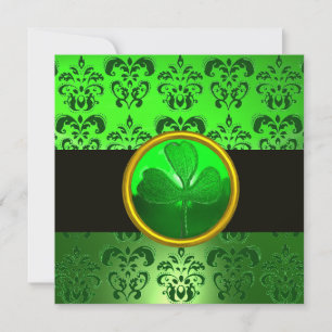 Invitation DAMAS VERT AVEC TRÈFLE À TROIS FEUILLES, noir