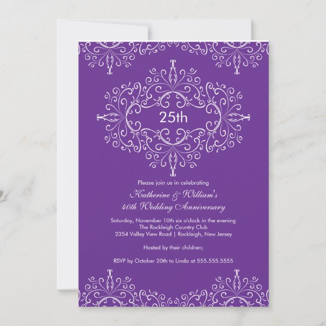 Invitation Damask 25e Anniversaire Violet Blanc (Devant)