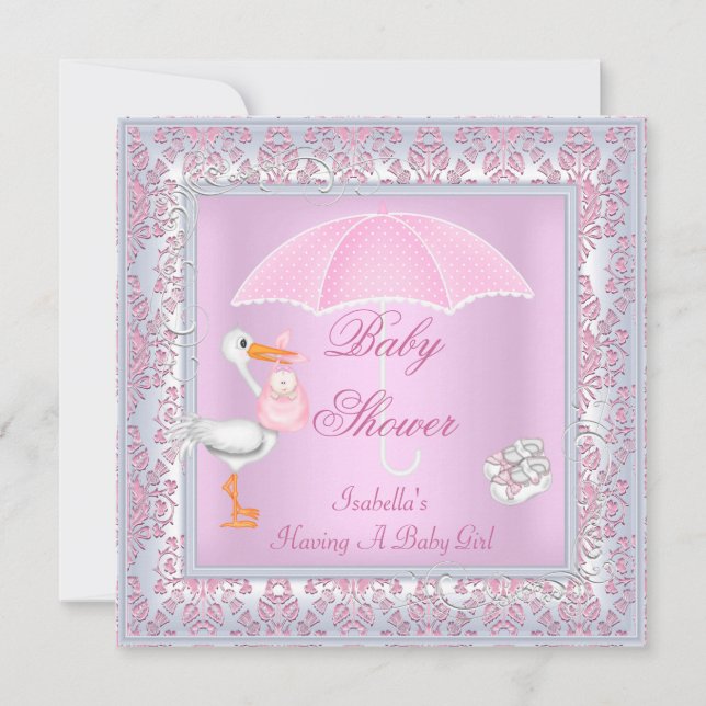 Invitation Damask Baby shower rose fille parapluie (Devant)