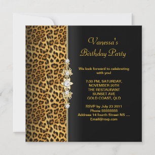 Invitation Damask Birthday Party Gold Black Leopard