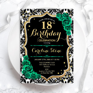 Invitation Damask Black Gold Green Roses 18e anniversaire