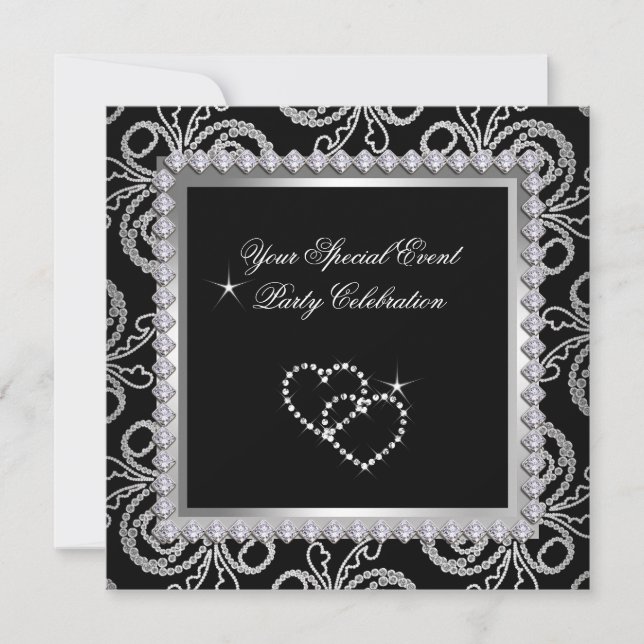 Invitation Damask Black Silver Diamonds Heart Party (Devant)