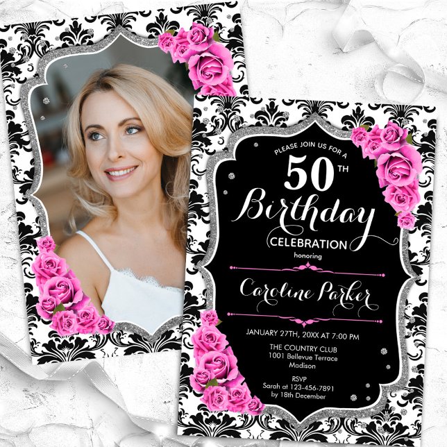 Invitation Damask Black Silver Pink Photo 50e anniversaire (Créateur téléchargé)
