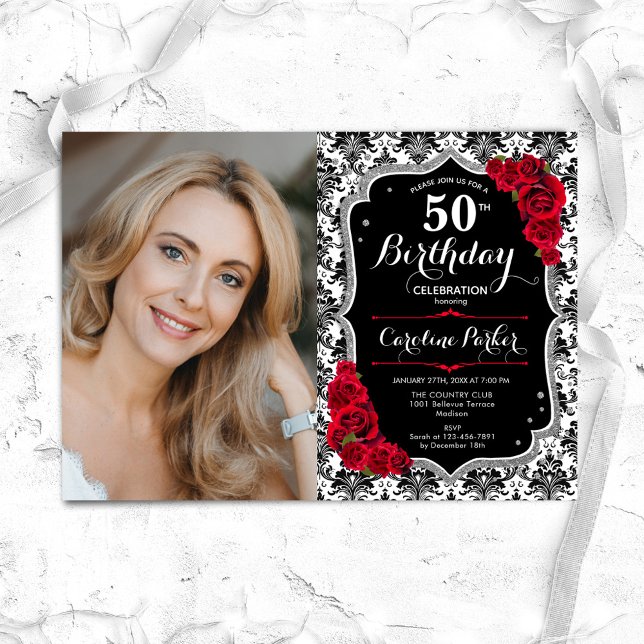 Invitation Damask Black Silver Red Roses Photo 50e anniversai (Créateur téléchargé)