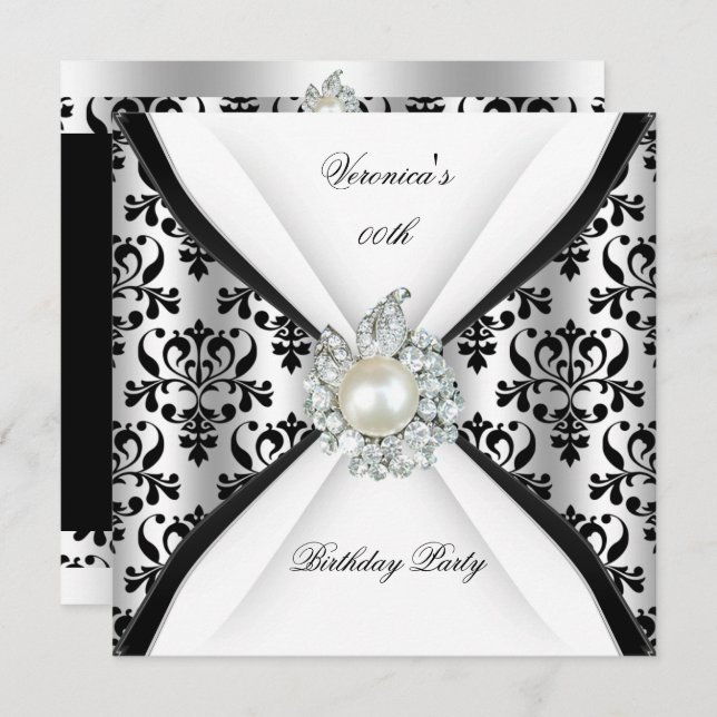 Invitation Damask Black White Pearl Diamond fête d'anniversai (Devant / Derrière)