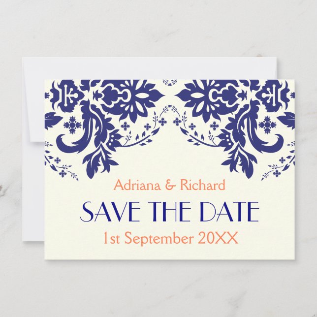 Invitation Damask bleu marine, mariage corail Save the Date (Devant)
