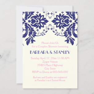 Invitation Damask bleu marine, mariage rose couples douche