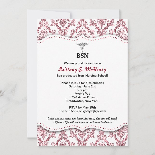 Invitation Damask Bourgogne Infirmière diplômée en pépinière  (Devant)
