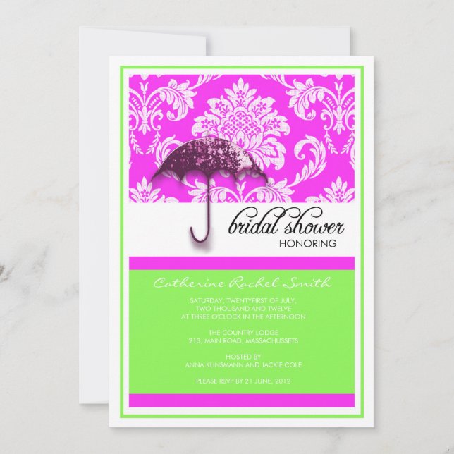 Invitation Damask Bridal Shower en vert et rose (Devant)