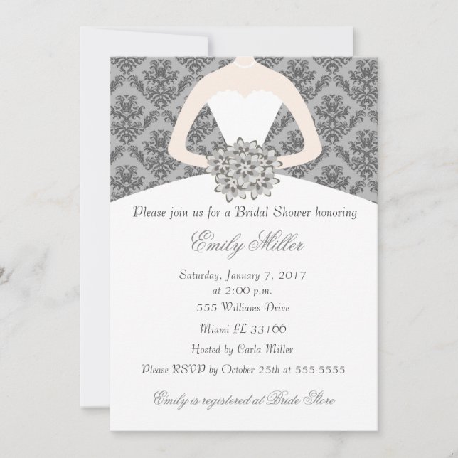 Invitation Damask Bride Grey nuptiale de douche (Devant)