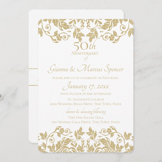 Invitation Damask doré 50e anniversaire (Devant / Derrière)