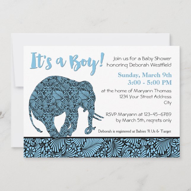Invitation Damask Elephant Boy Baby shower (Devant)