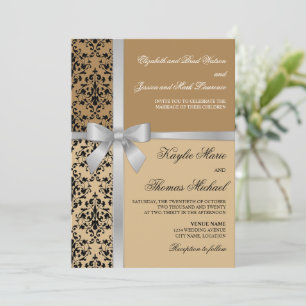 Invitation Damask Faux Silver Ribbon Mariage d'automne