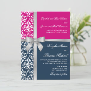 Invitation Damask Faux Silver Ribbon Navy Fuchsia Mariage