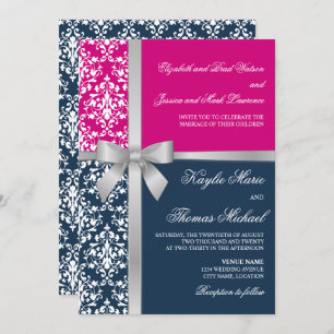 Invitation Damask Faux Silver Ribbon Navy Fuchsia Mariage