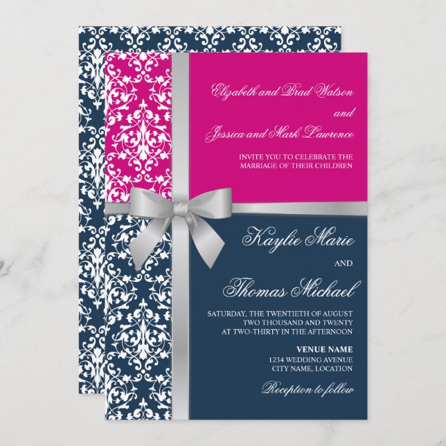 Invitation Damask Faux Silver Ribbon Navy Fuchsia Mariage (Devant / Derrière)