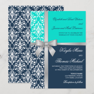 Invitation Damask Faux Silver Ruban Marine Aqua Mariage