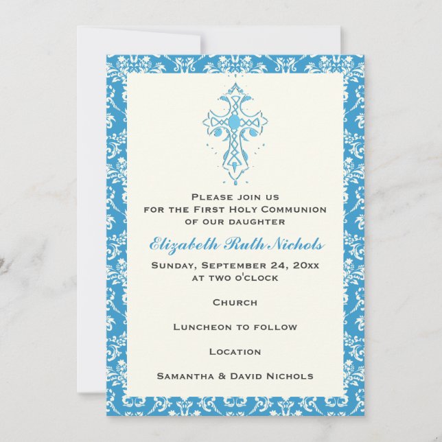Invitation Damask First Holy Communion Baptism Confirmation (Devant)
