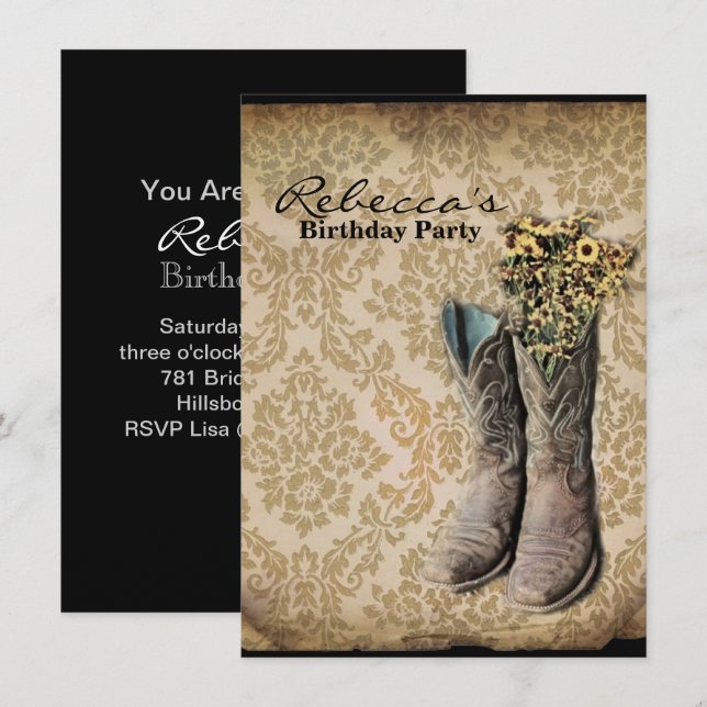 Invitation Damask fleur sauvage Western pays cowboy (Devant / Derrière)