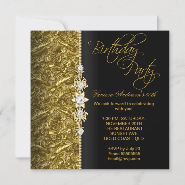 Invitation Damask Floral Anniversaire Party Gold Black 3 (Devant)