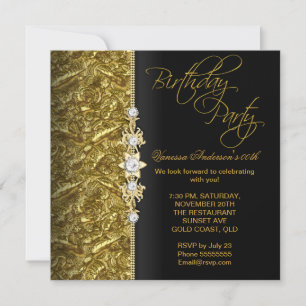 Invitation Damask Floral Anniversaire Party Gold Black 3