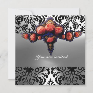 INVITATION DAMASK GEM ET ROSES ROSES MONOGRAMME