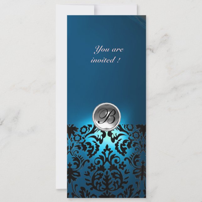 Invitation DAMASK GEM PIERRE MONOGRAS blanc bleu, turquoise (Devant)