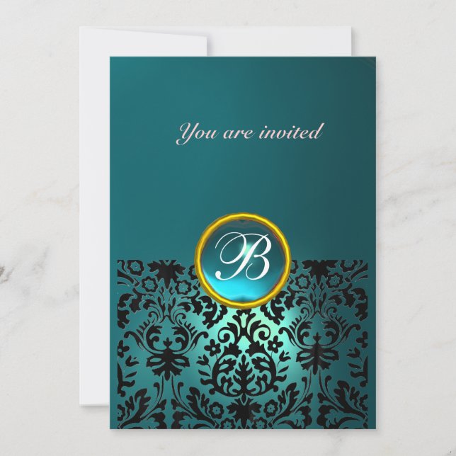 Invitation DAMASK GEM STONE MONOGRAM aquamarine bleu (Devant)