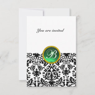Invitation DAMASK GEM STONE MONOGRAM jade vert blanc rsvp