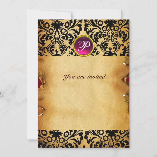 Invitation DAMASK GEM STONE MONOGRAM parchemin violet rose (Devant)