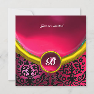 Invitation DAMASK GEM STONE MONOGRAM rose fuchsia rubis