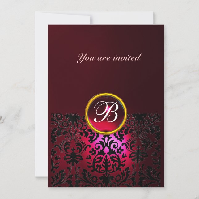 Invitation DAMASK GEM STONE MONOGRAM rubis rouge bordeaux (Devant)