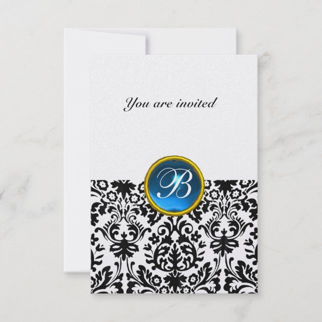 Invitation DAMASK GEM STONE MONOGRAM saphir bleu glace rsvp (Devant)