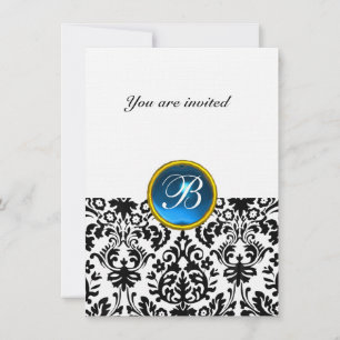 Invitation DAMASK GEM STONE MONOGRAM saphir bleu lin rsvp