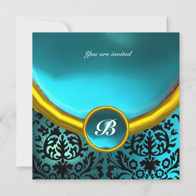 Invitation DAMASK GEM STONE MONOGRAMME bleu aquamarine (Devant)